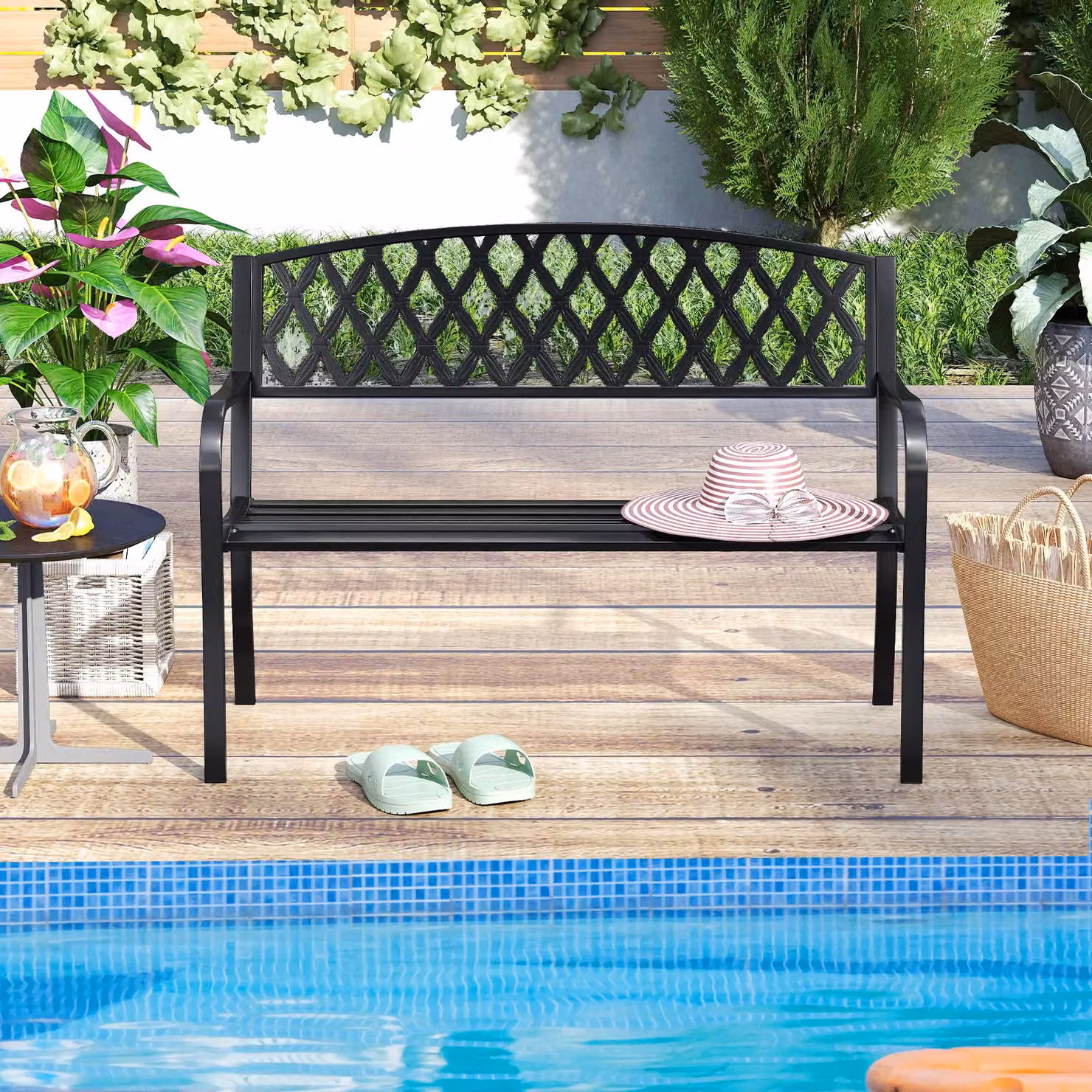 Gymax Heavy-Duty Metal 2-Seater Garden Bench in Matt Black – 3