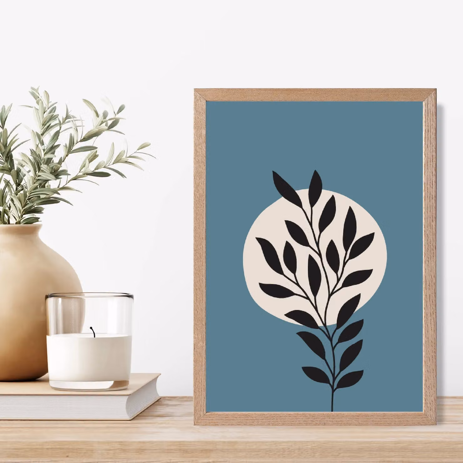 ARTZE Blue and Beige Boho Graphical Floral Framed Print with Oak Frame, A3 – 2