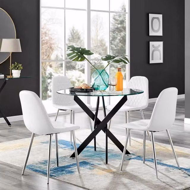 FurnitureboxUK Novara Round Glass Dining Table with Four Corona Silver Chairs in White, Black and Silver