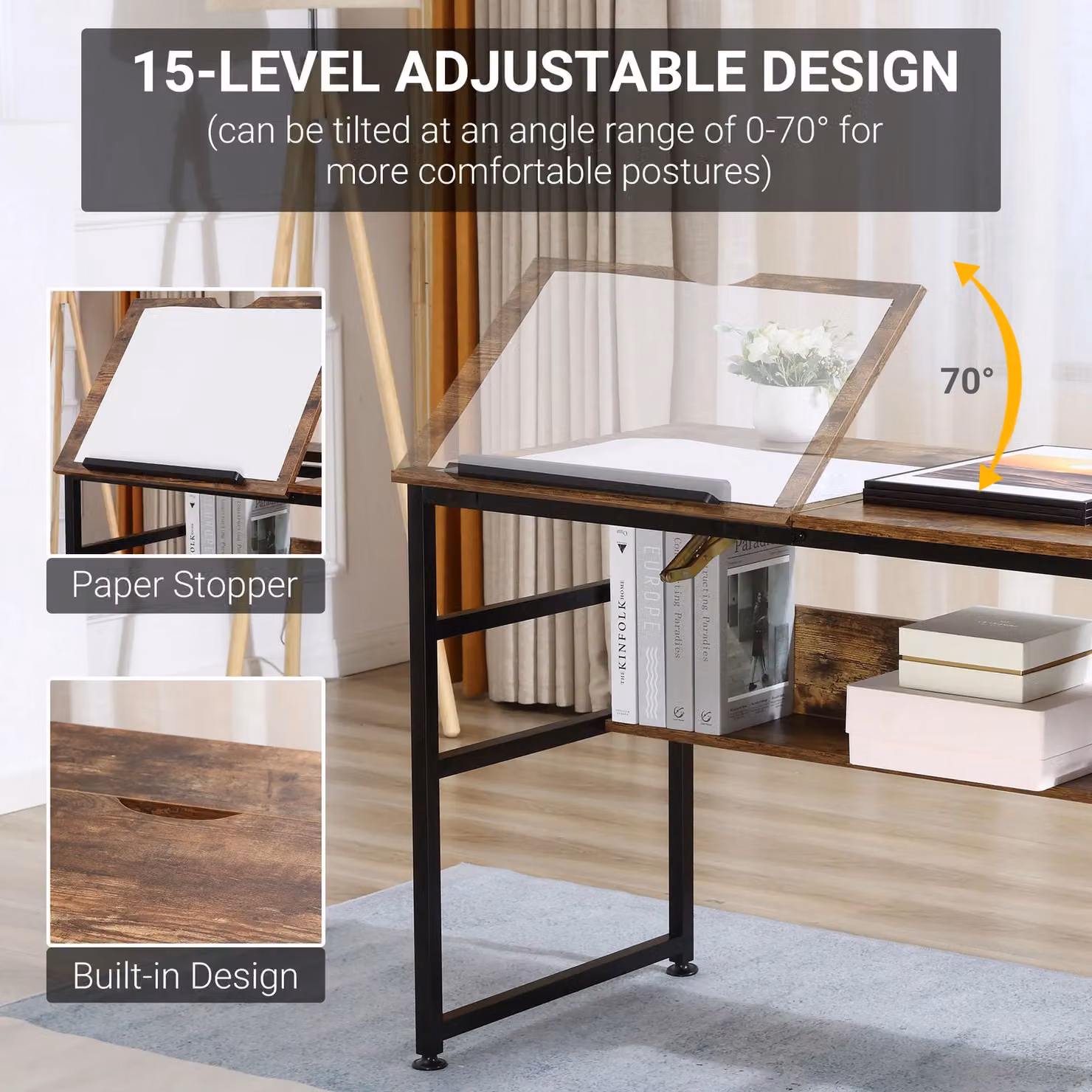 HOMCOM Tiltable Drafting Table and Computer Desk with Open Shelf in Brown – 5