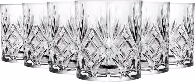 RCR Crystal Melodia Geometric Whisky Tumbler Glasses, Transparent, 340ml, Pack of 6 – 1