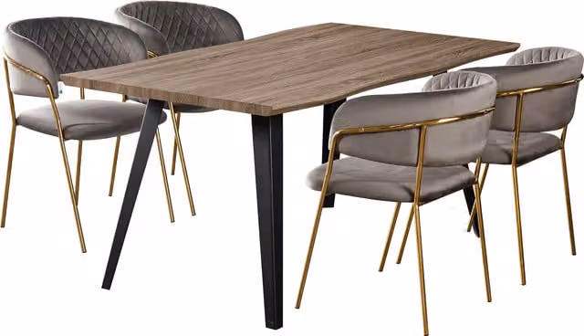 Life Interiors Atarah Rocco LUX Dining Set with Rectangular Live Edge Wood Table and 4 Grey Upholstered Chairs