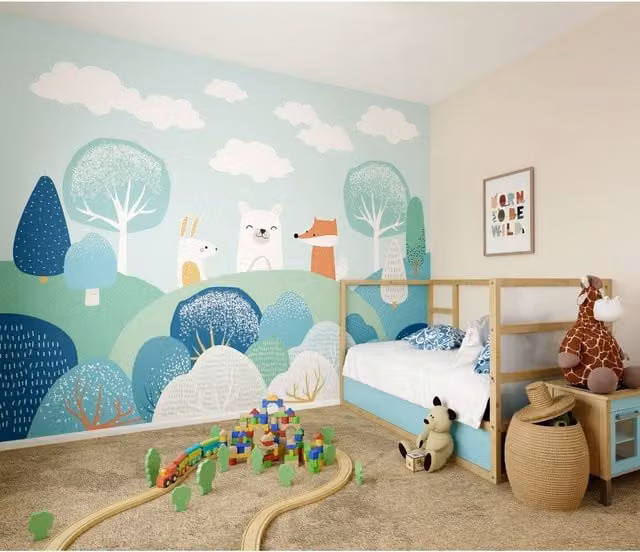 Origin Murals Blue Scandinavian Woodland Animals Wall Mural for Children