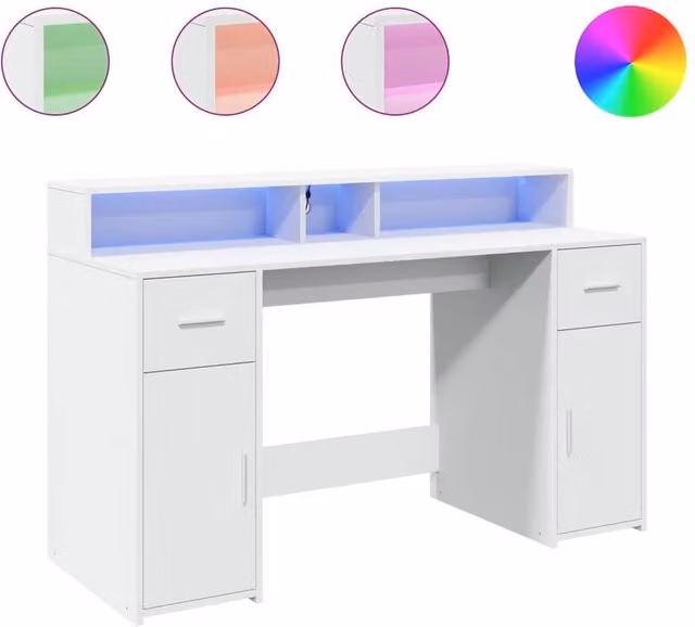 Berkfield White Gaming Desk with LED Lights, W/D/H: 140 x 55 x 91 cm