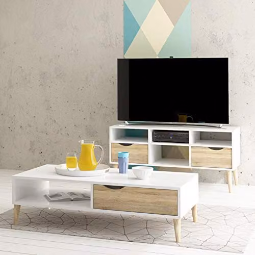 Furniture To Go Oslo Wide TV Unit with 2 Drawers and 4 Shelves in White and Oak, W/D/H: 117.2 x 39.1 x 57.4 cm – 2