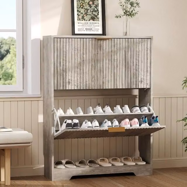 London Boutique Modern Mid-Century Shoe Storage Cabinet in Grey with 2 Drawers and Tilting Compartments