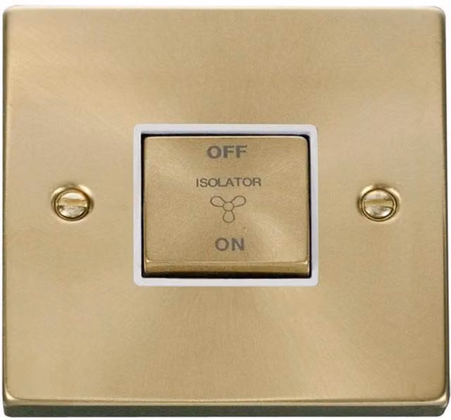 SE HOME Ingot 1 Gang 3 Pole Fan Isolation Switch, 10A, White and Brushed Brass