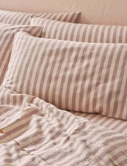 Piglet In Bed 2 Pack Striped Linen Rich Pillowcases in Purple