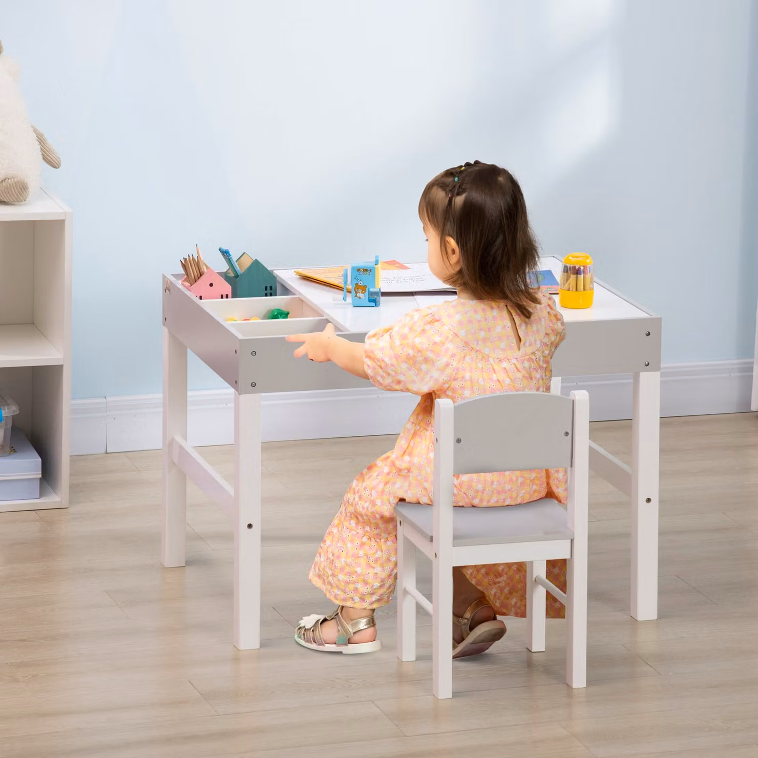 HOMCOM Kids Table and Chair Set with Storage Space, Grey, W/D/H: 80.0 x 57.5 x 42.1 cm – 2
