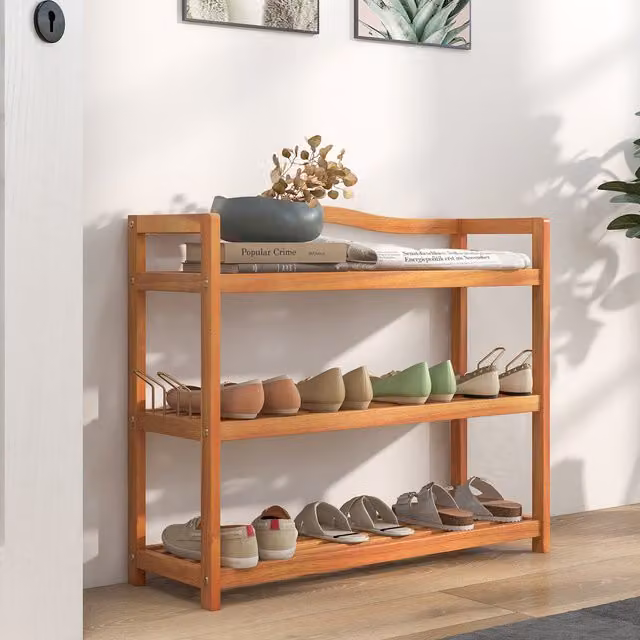COSTWAY 3-Tier Acacia Wood and Metal Shoe Rack in Brown