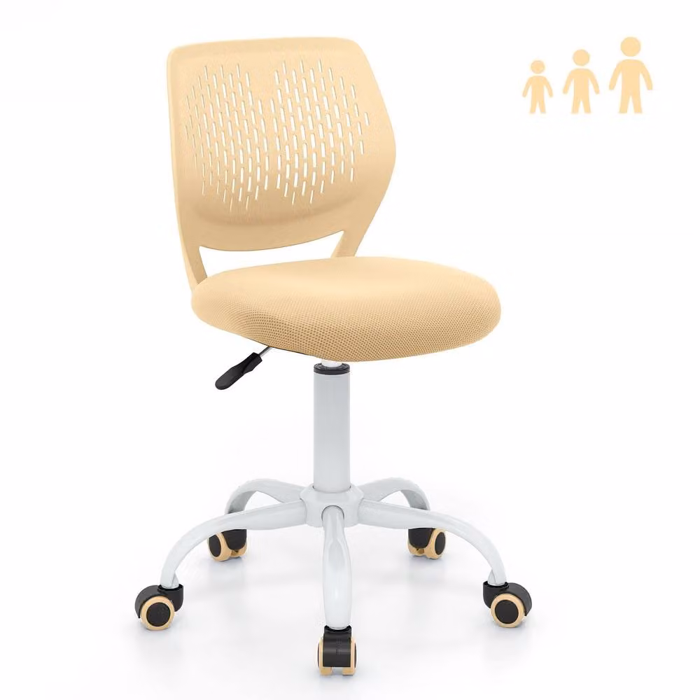 Costway Ergonomic Adjustable Childrens Study Chair in Beige Fabric with 360 Degree Swivel and Castors – 2