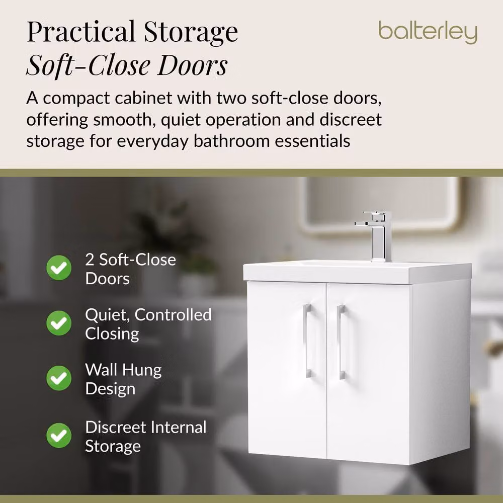 Balterley Modern Gloss White Wall Hung Bathroom Vanity Unit with 2 Soft Close Doors and Rectangular Mid-Edge Basin, W: 60 cm, D: 39 cm, H: 57.9 cm – 3