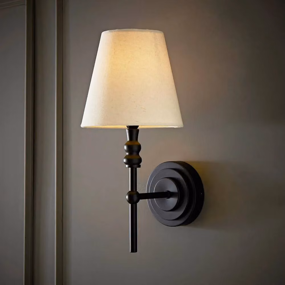 ValueLights Maggie Pair of Black Candlestick Wall Lights with Fabric Tapered Shades – 2