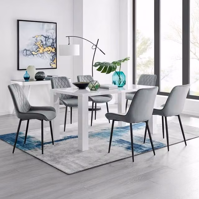 FurnitureboxUK Pivero White Rectangular Dining Table and 6 Pesaro Black Leg Chairs in Grey