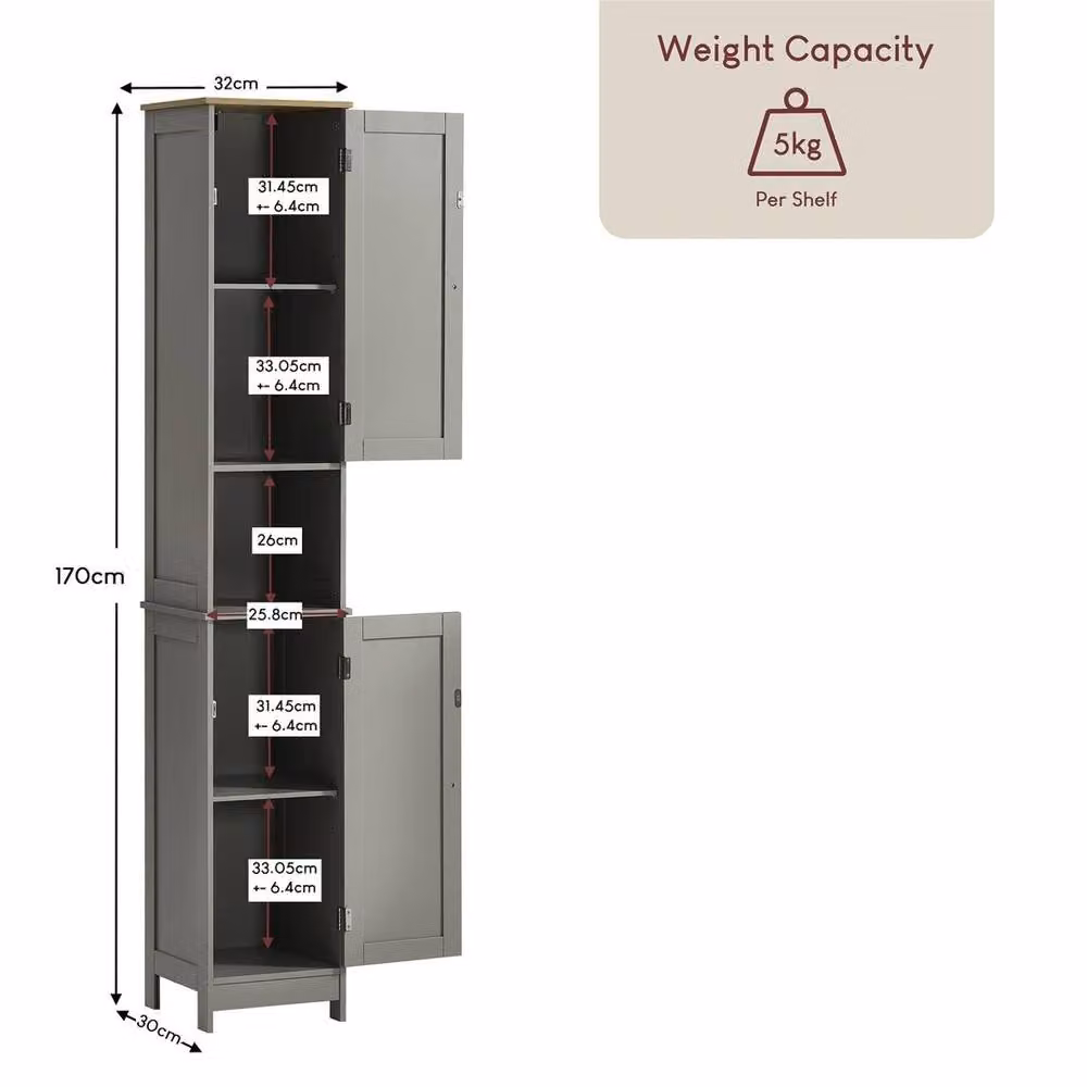 KORVIXA Grey and Oak Bathroom Cabinet Storage Unit with 2 Hinged Doors, W: 60 cm, H: 75 cm – 2