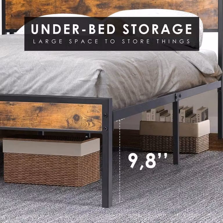Kelvenix Industrial Metal Platform Bed Frame in Brown and Black with USB Charging Port and Bedside Shelf