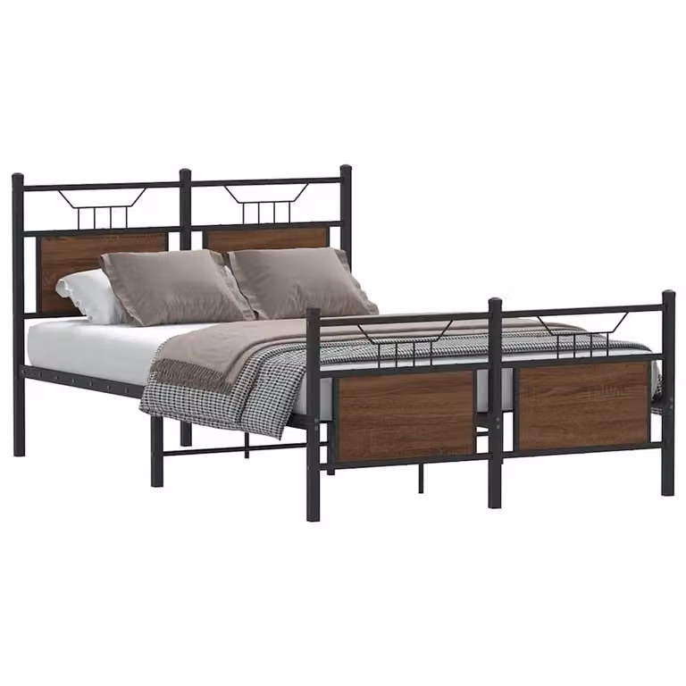 Berkfield Home Small Double Bed Frame in Brown Oak and Metal, W/D/H: 120 x 190 cm