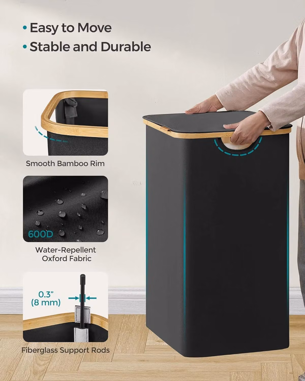 SONGMICS Large 2-Section Collapsible Laundry Hamper with Bamboo Handles in Black – 5