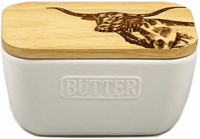 Selbrae House White Texas Longhorn Ceramic and Wood Butter Dish