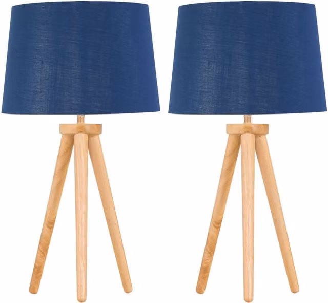 First Choice Lighting Set of 2 Light Oak Table Lamps with Navy and Silver Fabric Shades in Brown