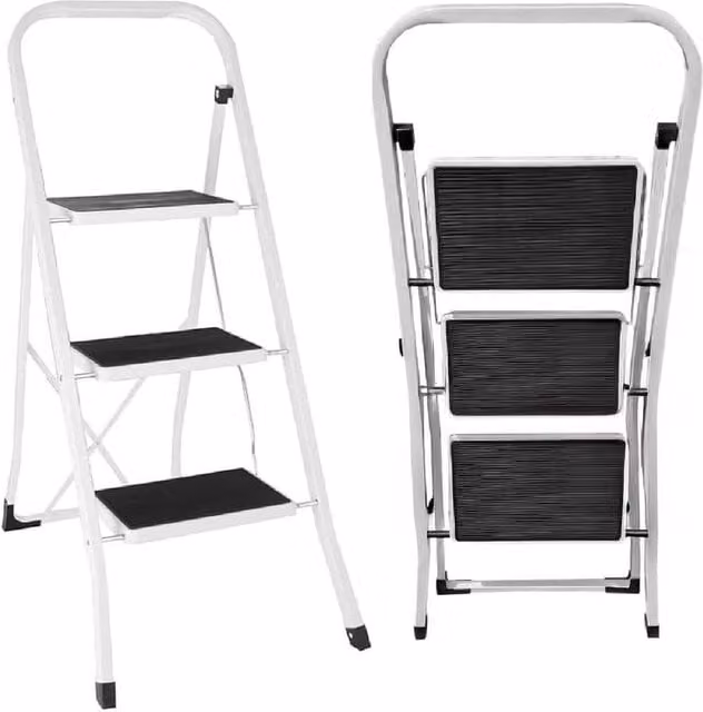 BARGAINS-GALORE 3 Step Foldable Steel Stepladder with Non-Slip Treads in White