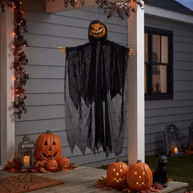 Garden Greatness Spooky Hanging Pumpkin Reaper Halloween Decoration, Orange and Multicolour Textile Pendant