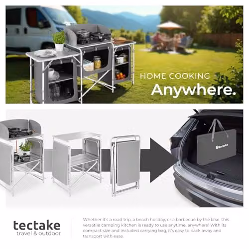 tectake Portable Camping Kitchen in Grey with 5 Internal Shelves, Heat-Resistant Worktop and Aluminium Frame, W/D/H: 104 x 52 x 52 cm – 7