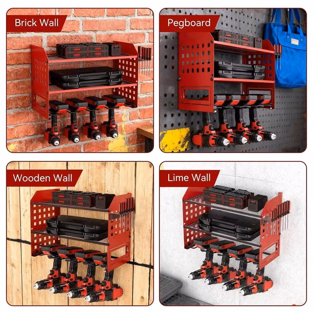 VOGREX Red 3-Tier Heavy Duty Steel Wall Mounted Power Tool Storage Organizer W/D/H: 42.5 x 31.0 x 20.0 cm – 4