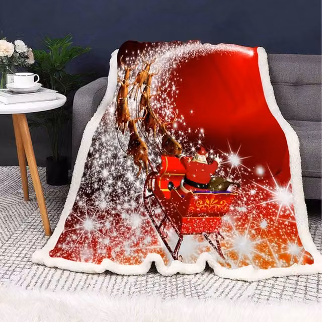 Gr8 Home Christmas Sleigh Flannel Fleece Throw Blanket in Red, W/D/H: 150 x 130 x 130 cm