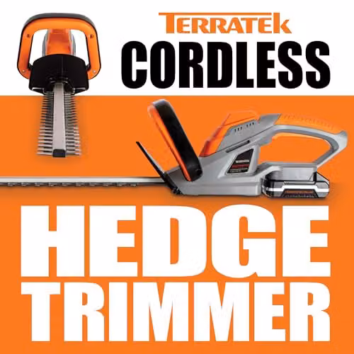Terratek 20V Cordless Reciprocating Hedge Trimmer with 51cm Blade, Rechargeable Battery and Quick Charger in Orange and Grey – 5