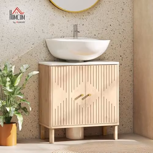 HOMCOM Modern Under Sink Bathroom Cabinet with Hinged Doors and Internal Shelves, Brown and Gold – 2