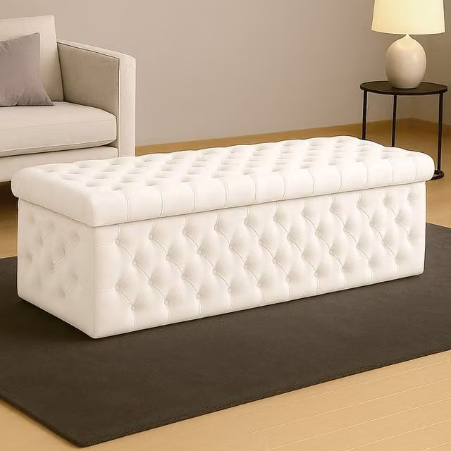 R&M Furnishers Wide Lux Chesterfield Ottoman Storage Box in Silver and White Velvet