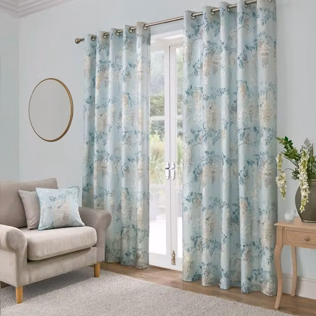 Dreams & Drapes Wisteria Ready Made Eyelet Curtains in Duck Egg Blue Floral Cotton