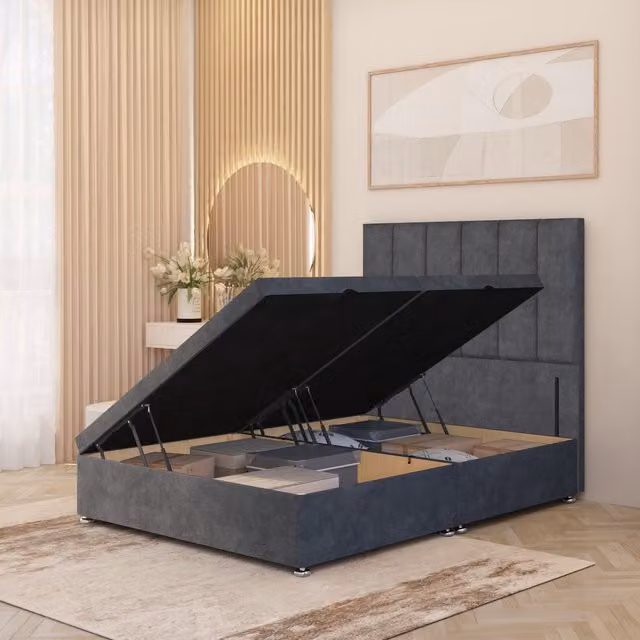 Somnior Beds Ltd Austin Plush Velvet Solid Wood Ottoman Bed with Side Opening Floor Standing Headboard, Charcoal, W/D/H: 140 x 200 cm
