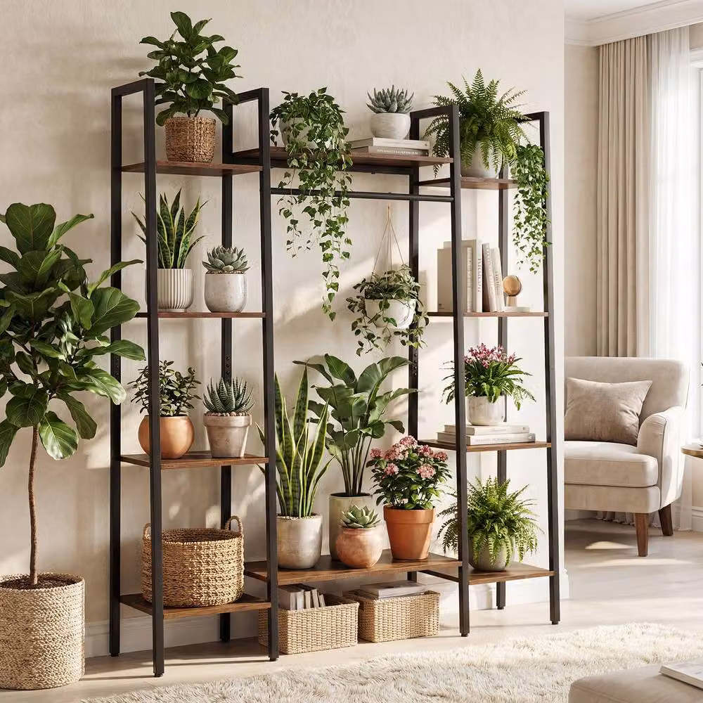 Costway Indoor Outdoor Plant Holder with Metal Frame and Adjustable Feet in Brown – 7