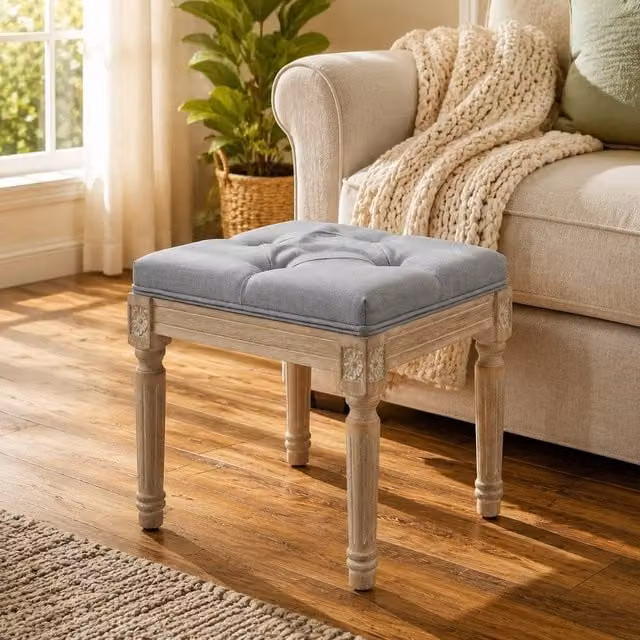 STILVORA Grey Fabric Foot Stool with Tufted Seat and Rubberwood Legs