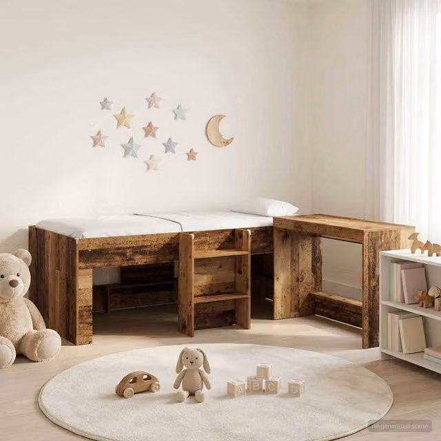 Berkfield Home Kids High Bed Frame with Desk and Stairs in Brown Old Wood Engineered Wood – 1