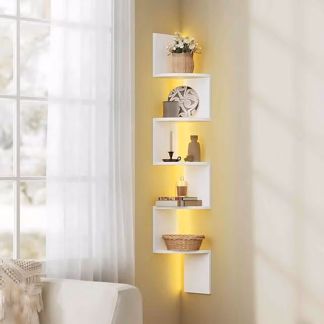 The Bazaarist 5 Tier Floating Corner Shelf with RGB LED Lights in Matte White
