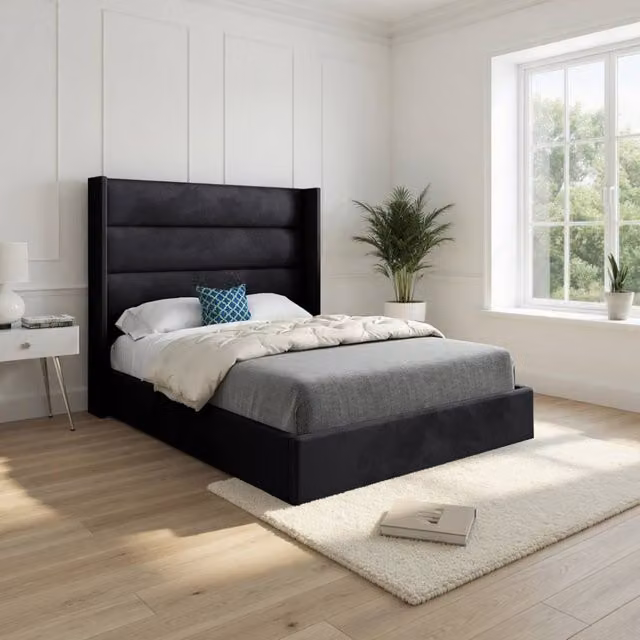 KDMD Shireshead Winged Upholstered Designer Bed Frame in Black Soft Velvet, W/D/H: 137 x 128 x 200 cm – 1