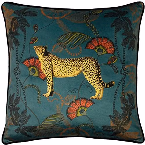 Paoletti Tropical Cheetah Printed Velvet Cushion in Petrol Blue, W/D/H: 45 x 45 x 45 cm