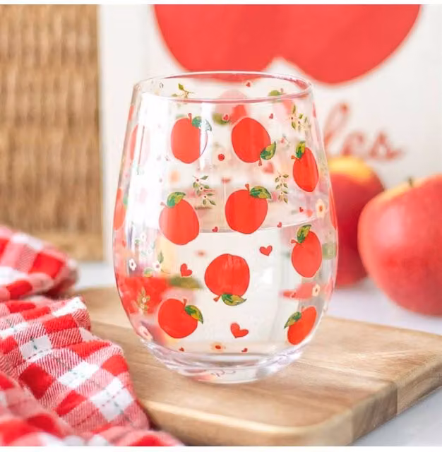 KDMD Apple Print Stemless Glass Tumbler, 350ml, Clear