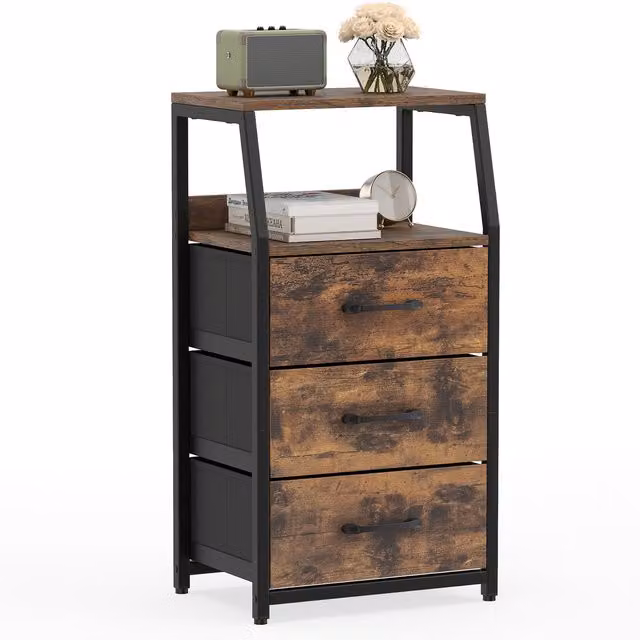 COSTWAY Industrial 3-Drawer Vertical Storage Cabinet with Metal and Wood Frame in Brown