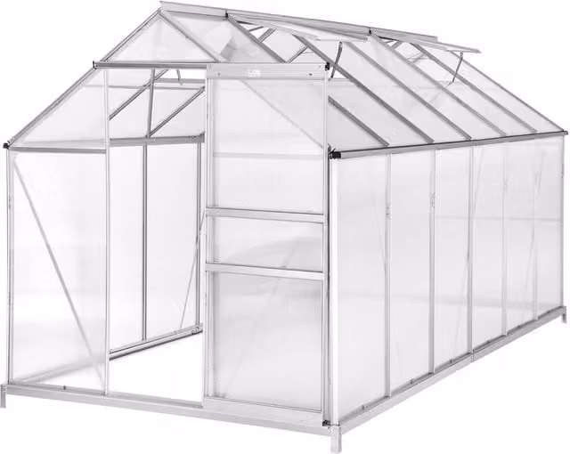 tectake Large Greenhouse with Foundation, Anodised Aluminium and Polycarbonate, Silver, W: 375 cm, D: 185 cm, H: 195 cm
