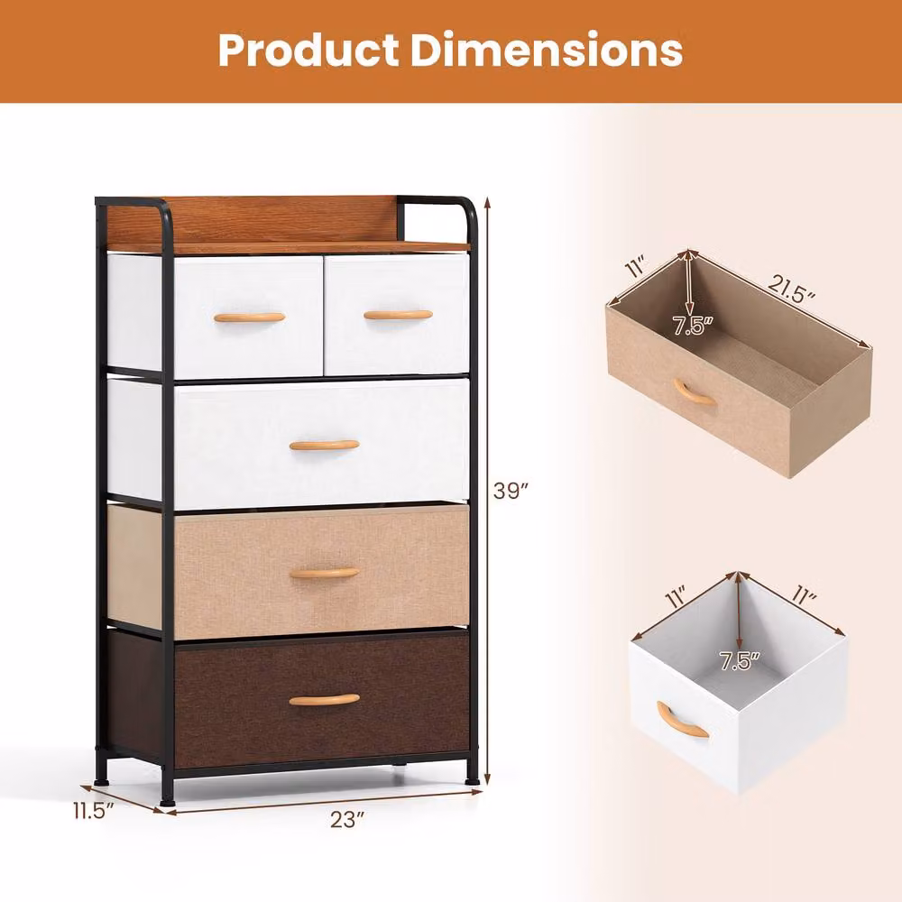 Gymax 5-Drawer Fabric Dresser, Tall Narrow Freestanding Storage Tower Organizer in Brown – 2