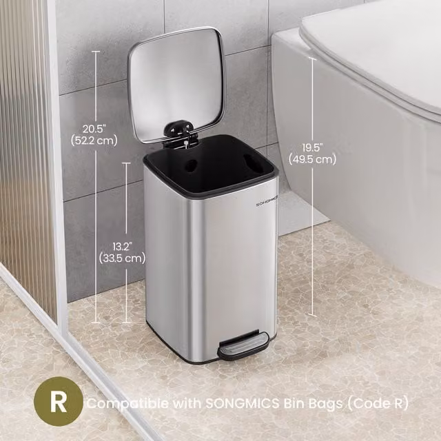 SONGMICS 8L Stainless Steel Pedal Bathroom Bin with Soft-Close Lid and Removable Inner Bucket, Silver