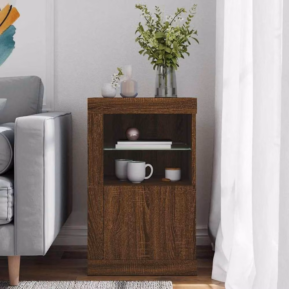 Berkfield Home Modern Side Cabinet in Brown Oak with Integrated LED Lighting and Glass Doors – 2