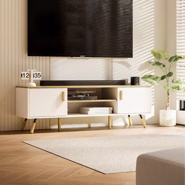 Komore Scandinavian Style TV Stand with Cabinets in White and Natural Matt Wood