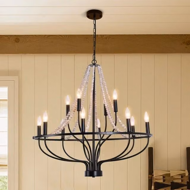 Garwarm 12-Light Dimmable Rustic Wagon Wheel Chandelier with Beaded Accents in Black and Wood – 1