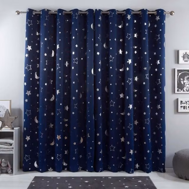 Dreamscene Galaxy Star Eyelet Blackout Curtains, Blue, Width: 228 cm