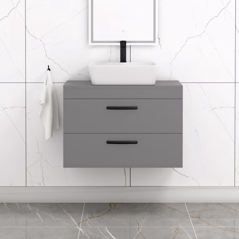 Royal Bathrooms 800mm Wall Hung Vanity Unit with 2 Drawers and Cube Countertop Basin in Indigo Grey Gloss with Matt Black Handles